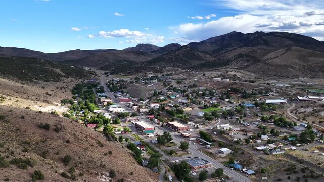 Eureka Nevada - Aerial Approach of Downtown Eureka NV Facing South West on Summer Day 