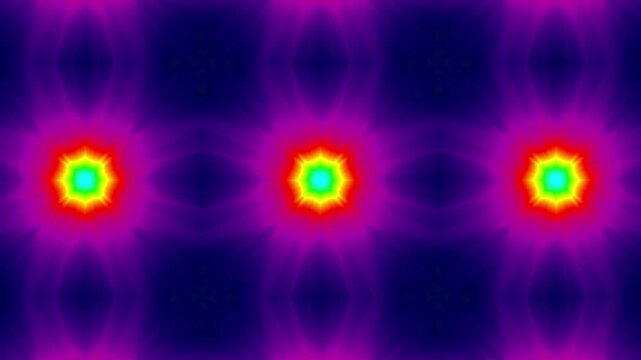 Vibrant red, yellow, and green circles pulse across a purple-pink backdrop