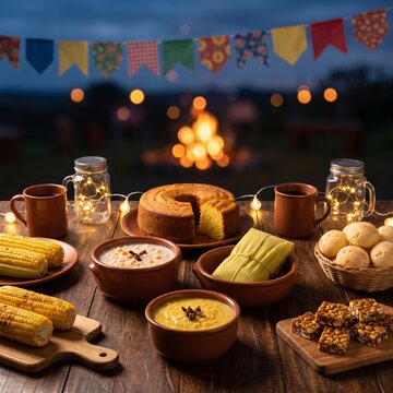 Festa Junina food spread with bonfire and decorations