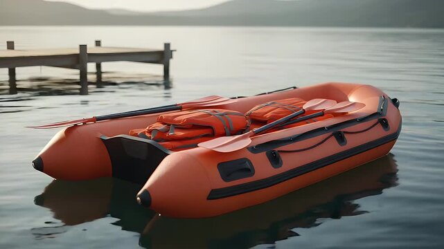 Bright orange inflatable rubber dinghy with oars resting calmly on the smooth water of a quiet mountain lake near a wooden pier during summer morning