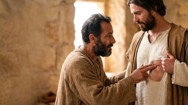 Thomas touching the wound of Jesus Christ: biblical scene of doubt and resurrection, faith in healing and spiritual awakening