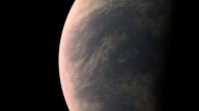 Close up of a Gas Planet atmosphere and turbulent storm clouds, artistic representation 3D space animation.