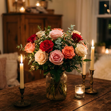 Colorful bouquet of fresh flowers in glass vase.