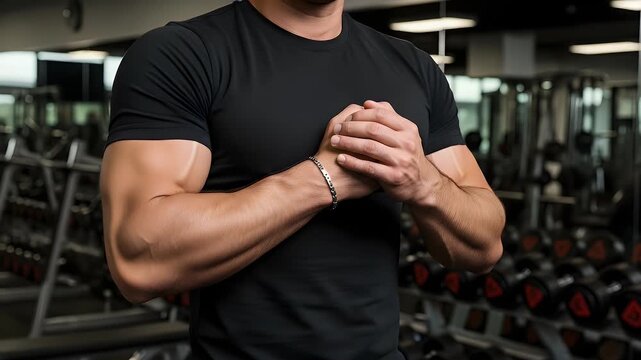 Muscular man wearing a black shirt poses with his hands clasped together while standing inside a modern gym to show off his large arm muscles