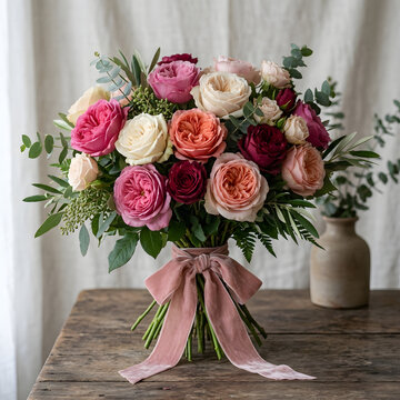 Colorful bouquet of fresh pink and white roses with greenery.