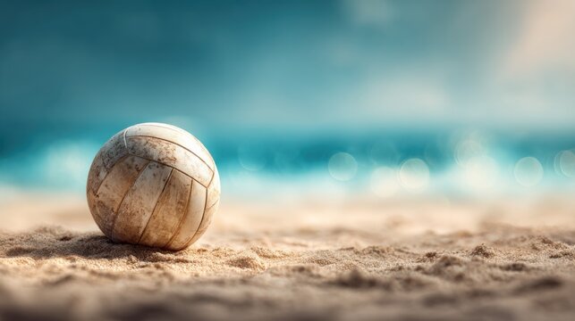 A worn volleyball rests on the textured sandy beach surface, with the blurred blue ocean and sky in the background.