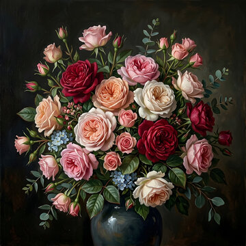 Colorful bouquet of pink and white roses with greenery.