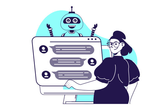 AI chatbot assisting modern flat concept for web banner design. Woman texting messages in chat and communicating with artificial intelligence adviser. Vector illustration with isolated people scene.