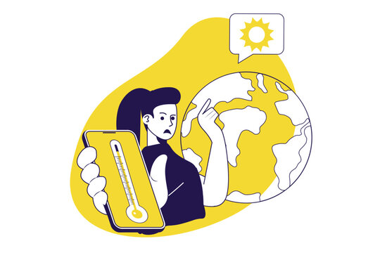 Climate change modern flat concept for web banner design. Woman sharing awareness about global warming and hot temperature, helps globe and ecosystems. Vector illustration with isolated people scene.