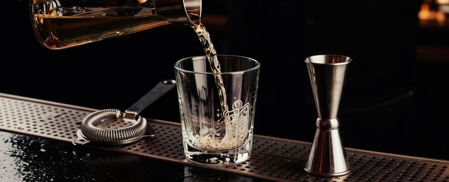 Bartender pours amber spirit from metal jigger into clean glass. Bar tools like strainer and measuring cup sit on wet counter top, pro mixology in action.