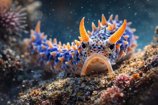 Vibrant Blue and Orange Nudibranch Sea Slug on Coral Reef
