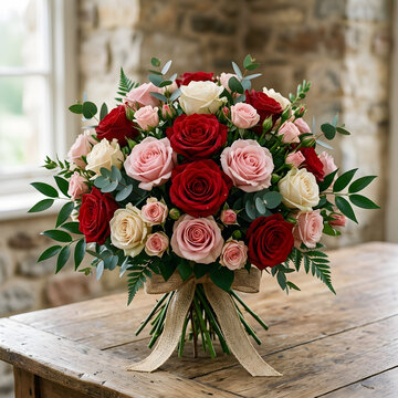 Colorful bouquet of roses and greenery in a vase.