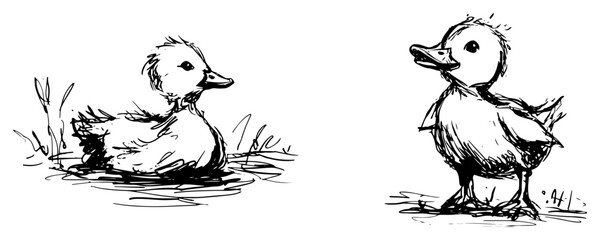 Naklejka premium Duckling swimming in pond and standing duck in sketchy ink drawing style