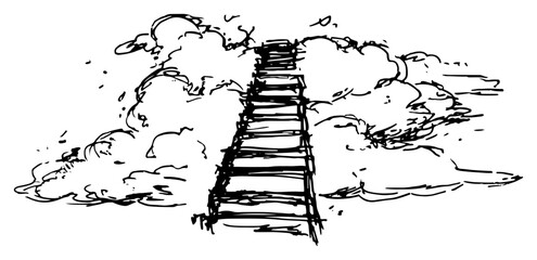 Wooden ladder reaching into fluffy clouds as a symbolic stairway to heaven sketch © AdrianGebert