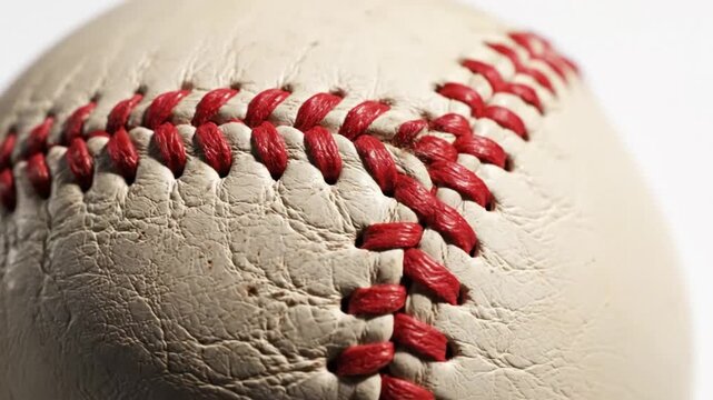 Close-up view of a baseball highlighting the leather surface and red stitching details against a clean white backdrop