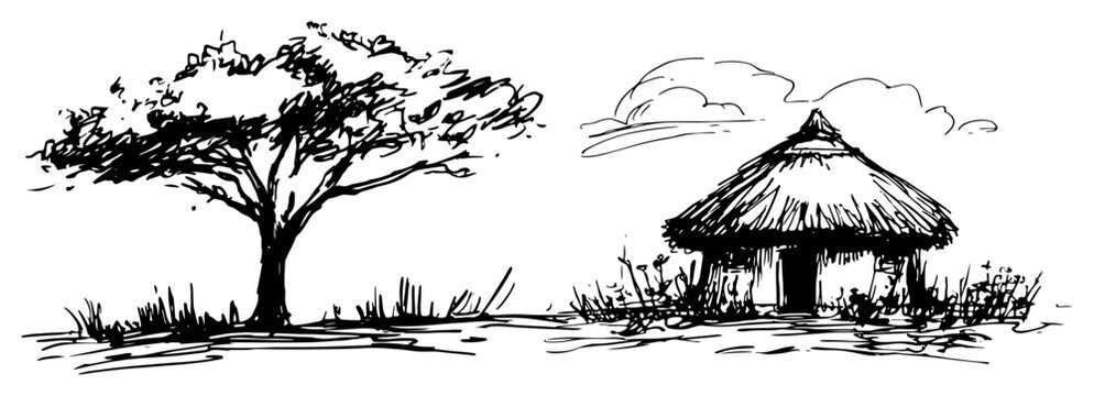 African savanna landscape with acacia tree and traditional hut in hand drawn sketch style