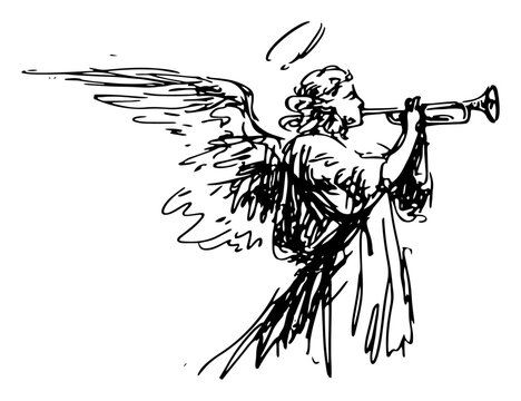 Angel blowing a trumpet with wings and halo in a loose ink sketch style