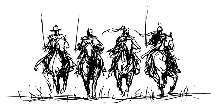Four horsemen of the apocalypse riding together in a dramatic sketchy style