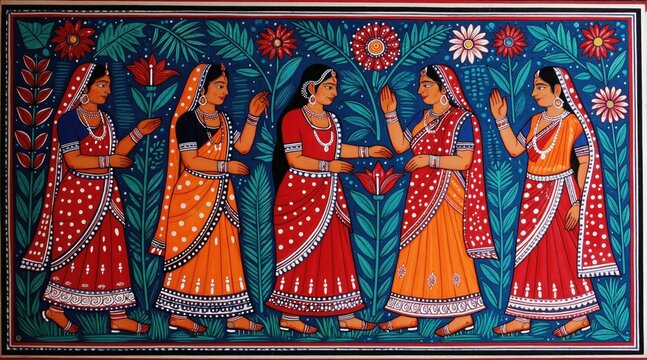 Indian Madhubani art women in vibrant traditional attire. Figures dance amidst rich foliage, colorful flowers. Artwork folk culture intricate patterns adorn garments. Bright hues create lively scene