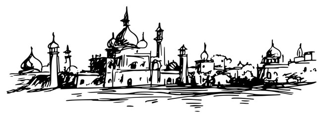Mosque architecture with domes and minarets in Middle Eastern city ink sketch style © AdrianGebert