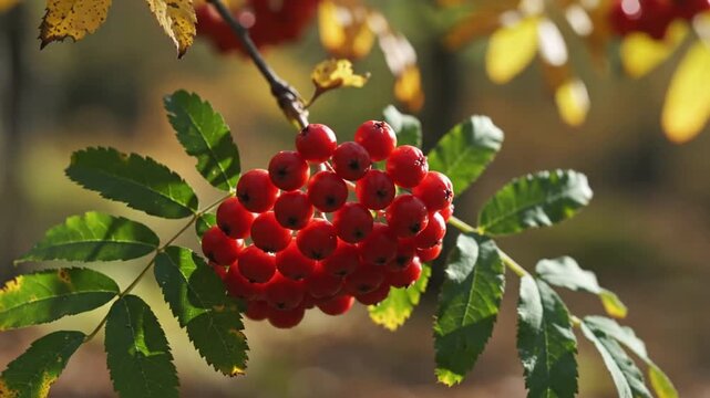 Close up of vibrant red rowan berries clustered on a branch with green leaves in autumn sunshine