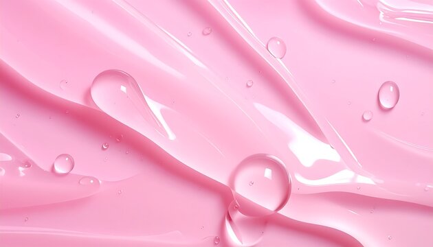 Close-up of pink, glossy cosmetic gel with water droplets, showing texture and curves