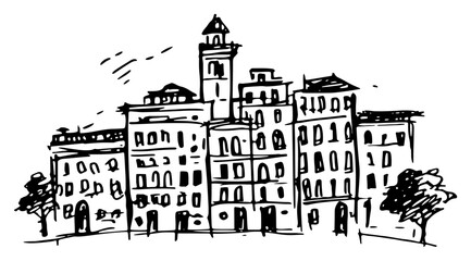 European city square with historical buildings and clock tower architectural sketch style © AdrianGebert