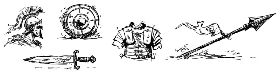 Obraz premium Roman soldier equipment with helmet and weapons in expressive ink sketch style