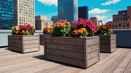 Fototapeta premium Colorful flowers in wooden planters on a city rooftop deck. Tall buildings and blue skies form a backdrop, offering a serene urban garden escape.