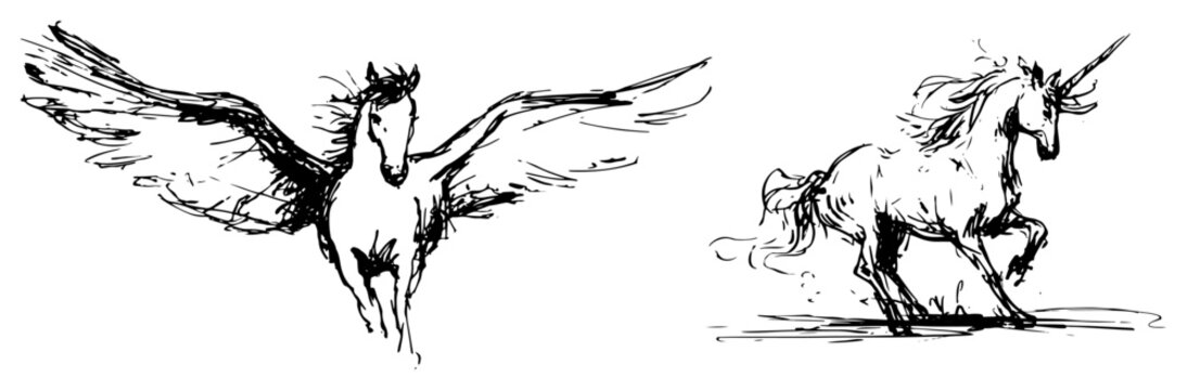 Pegasus and unicorn mythological creatures in artistic ink sketch style