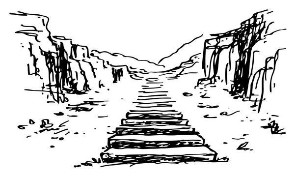 Stone staircase path through mountain canyon landscape hand drawn sketch style