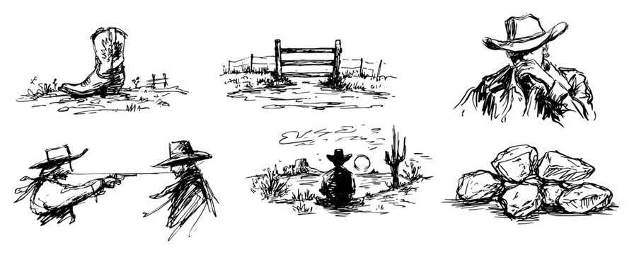 Cowboy duel and western desert scenery with ranch elements hand drawn sketch style