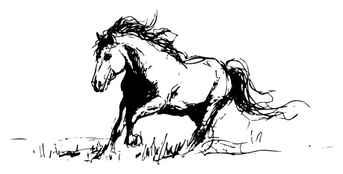 Horse galloping across a field with dynamic movement in expressive ink sketch style
