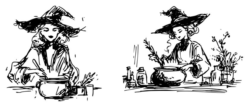 Young witch brewing magic potion in a cauldron with herbs and bottles hand drawn sketch style