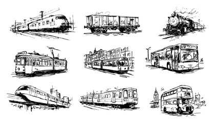 Public transport vehicles collection including train bus tram and locomotive sketch style © AdrianGebert
