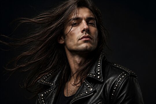 Long haired man posing in studded leather jacket studio