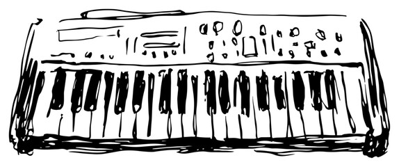 Synthesizer keyboard with knobs and buttons in expressive black and white ink sketch style © AdrianGebert