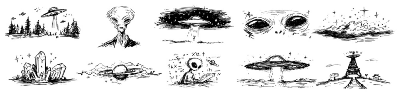 Alien and UFO collection with flying saucers and extraterrestrial characters hand drawn sketch style