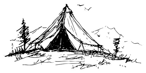 Camping tent in natural landscape in artistic ink sketch style © AdrianGebert