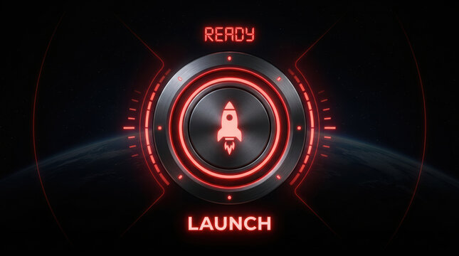 Futuristic digital launch button glowing red space technology rocket earth interface sci fi circular neon energy power startup innovation progress