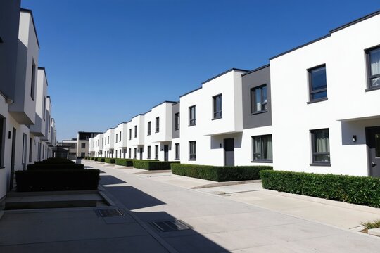 Modern white semi-detached houses with dark trim line clean paved street. Pristine green hedges edge minimalist facades under clear blue sky. New residential development offers contemporary urban