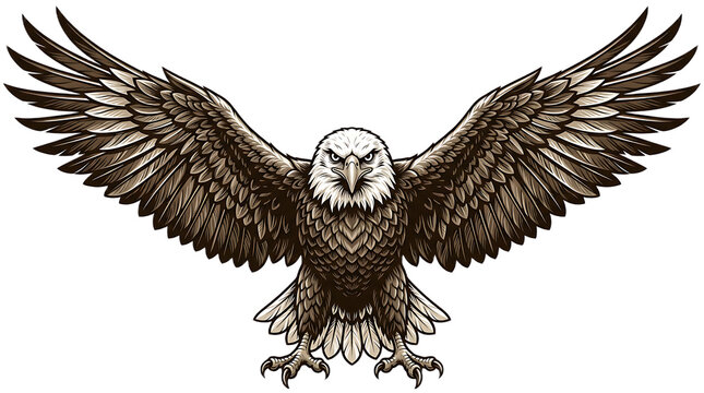 Majestic bald eagle illustration with wings spread wide in a dynamic frontal view