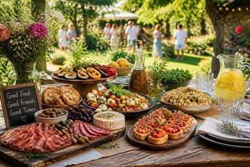 Fototapeta premium Outdoor buffet table arranged with appetizers and drinks