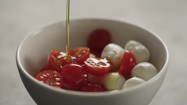 Slow motion making salad with mozzarella and cherry tomatoes, caprese style in white bowl closeup