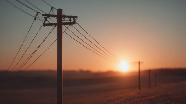 Electric pole silhouetted against a vibrant sunset sky with distant power lines