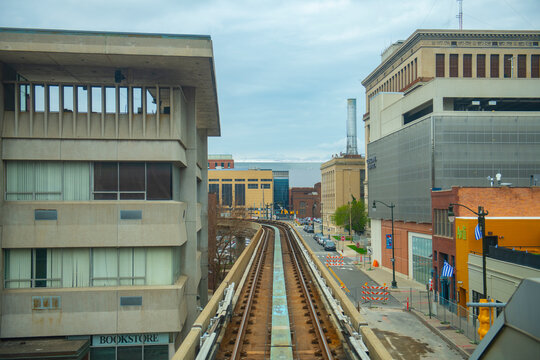 Detroit Light Rail (People Mover) at Greektown station on Beaubien Street, downtown Detroit, Michigan MI, USA. 