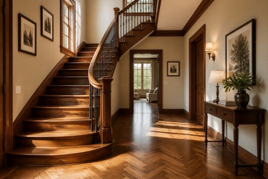 Grand wooden staircase curving through elegant home foyer
