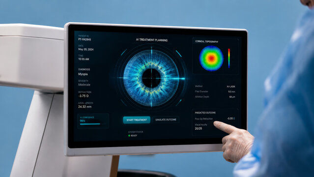 Ophthalmologist reviewing AI-assisted treatment planning with corneal topography and biometric eye analysis on digital touchscreen before laser vision correction. Modern ophthalmology. LASIK treatment