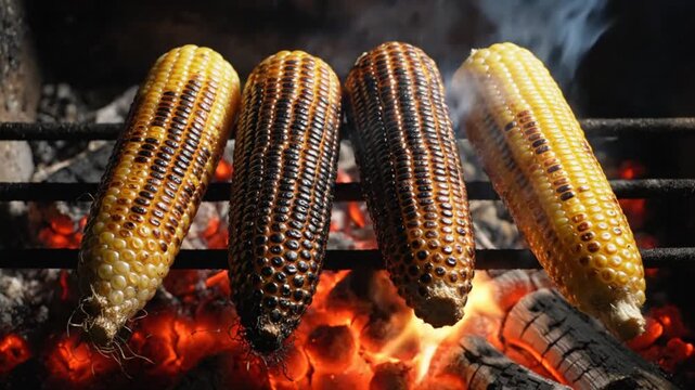 Close-up view of corn on the cob grilling on a barbecue pit with hot embers and smoke