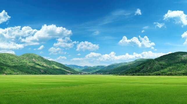 Expansive green field under a brilliant blue sky with scattered clouds, framed by rolling mountains